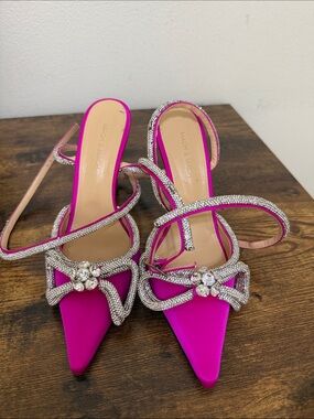 MACH & MACH Hot Pink Crystal-Strap Pointed Toe Heels